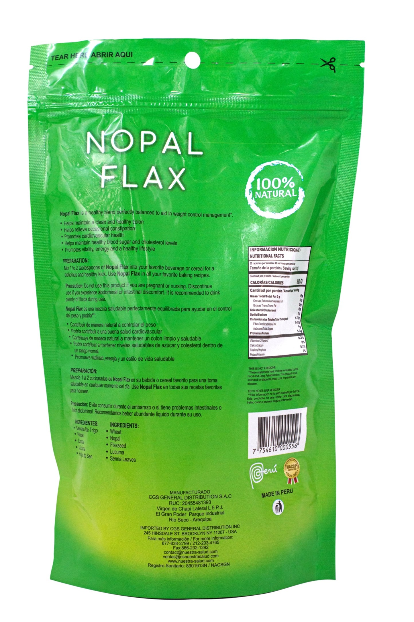Nopal Flax Plus Original Linaza (6 units) Flaxseed Fiber for Gentle Colon Cleansing and Digestive Health. Nuestra Salud